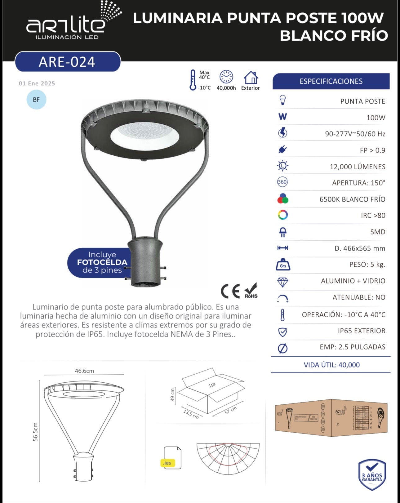 LUMINARIA LED PUNTA DE POSTE EXTERIOR EXTREMO IP66 100W 12,000LM 57K LUZ FRÍA INCLUYE FOTOCELDA ARTLITE ARE-024