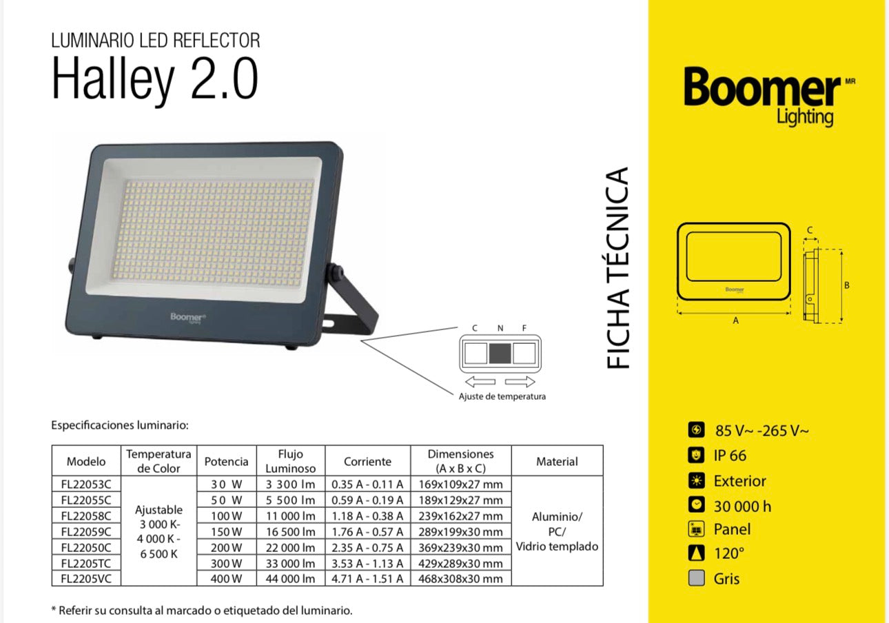 REFLECTOR LED SUPRESOR DE PICOS 4KV 50W CCT MULTI TEMPERATURA BOOMER FL22055C