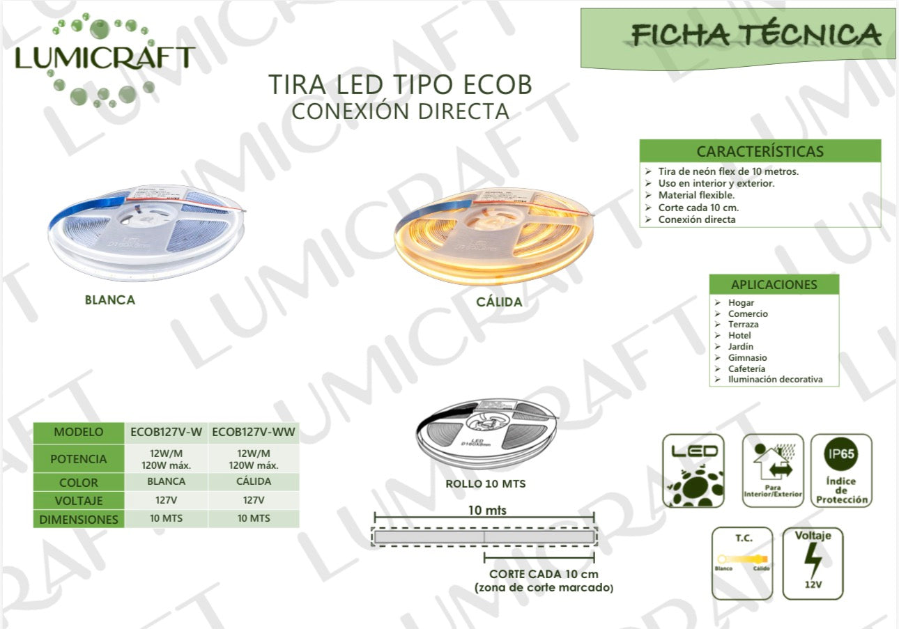 TIRA COB LED CONTINUO EXTERIOR 10MTS 127V 12W X METRO 30K LUZ CÁLIDA LUMICRAFT ECOB127V-WW