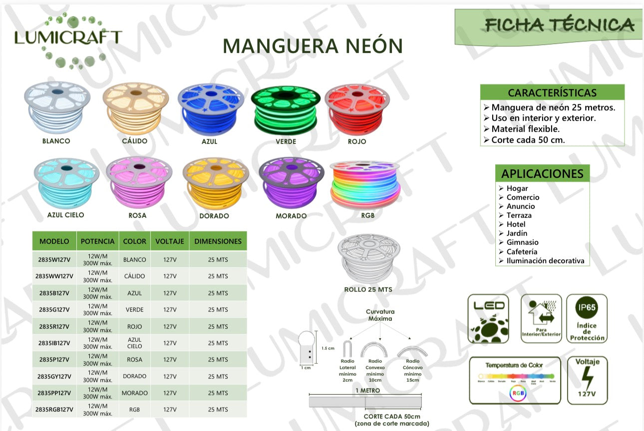 MANGUERA NEON VERDE LUMICRAFT 25MTS 127V NEON FLEX 2835