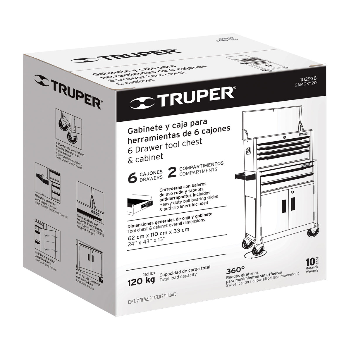 Gabinete metálico móvil, 6 cajones, 2 compartimentos, TRUPER, Truper, SKU 102938 — vista 2