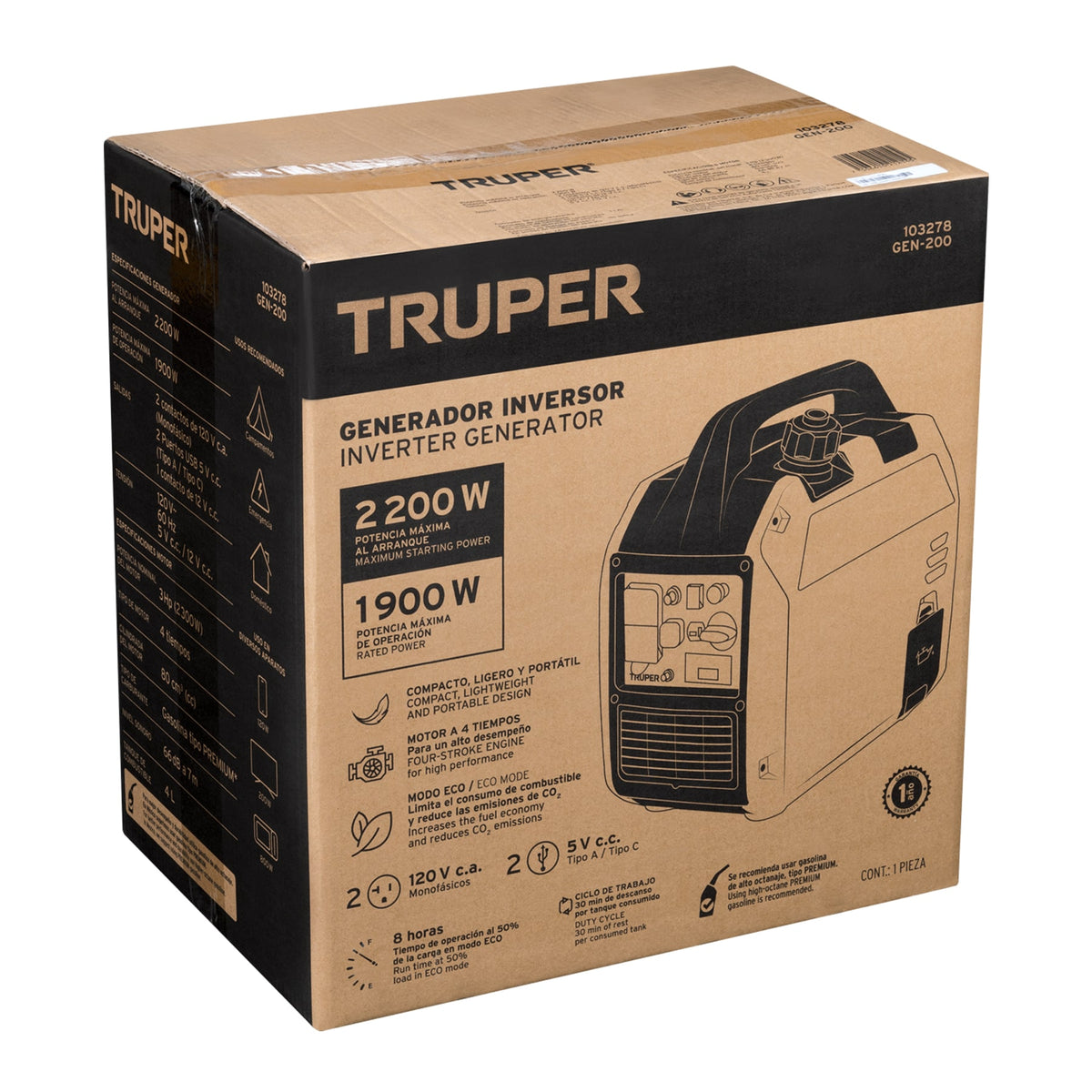 Generador silencioso inverter 2.2kW, 80 cc, encendido manual, Truper, SKU 103278 — vista 2