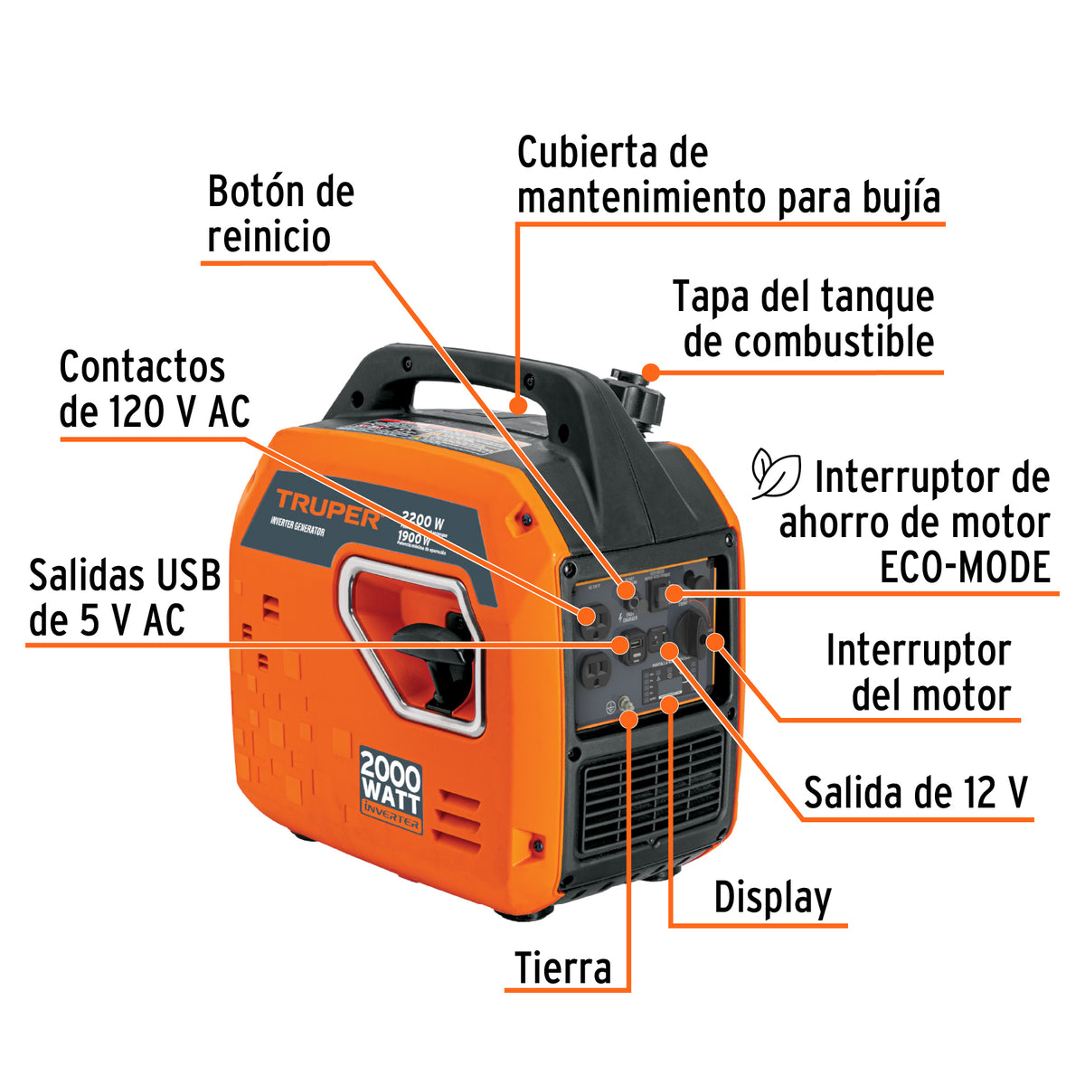 Generador silencioso inverter 2.2kW, 80 cc, encendido manual, Truper, SKU 103278 — vista 3