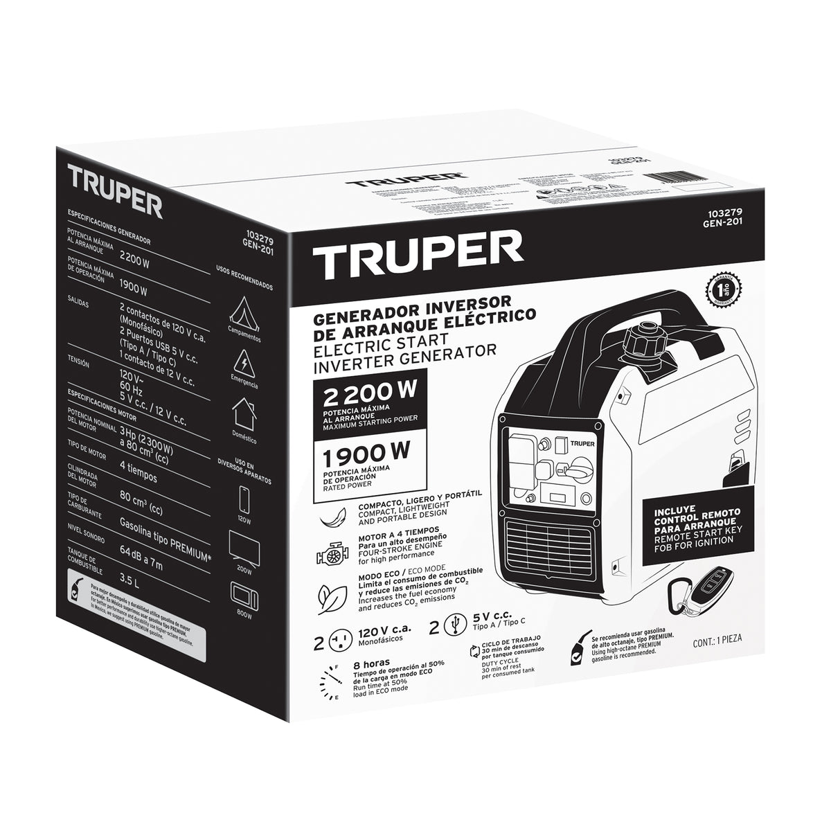 Generador silencioso inverter 2.2kW, 80 cc, enc. electrónico, Truper, SKU 103279 — vista 2