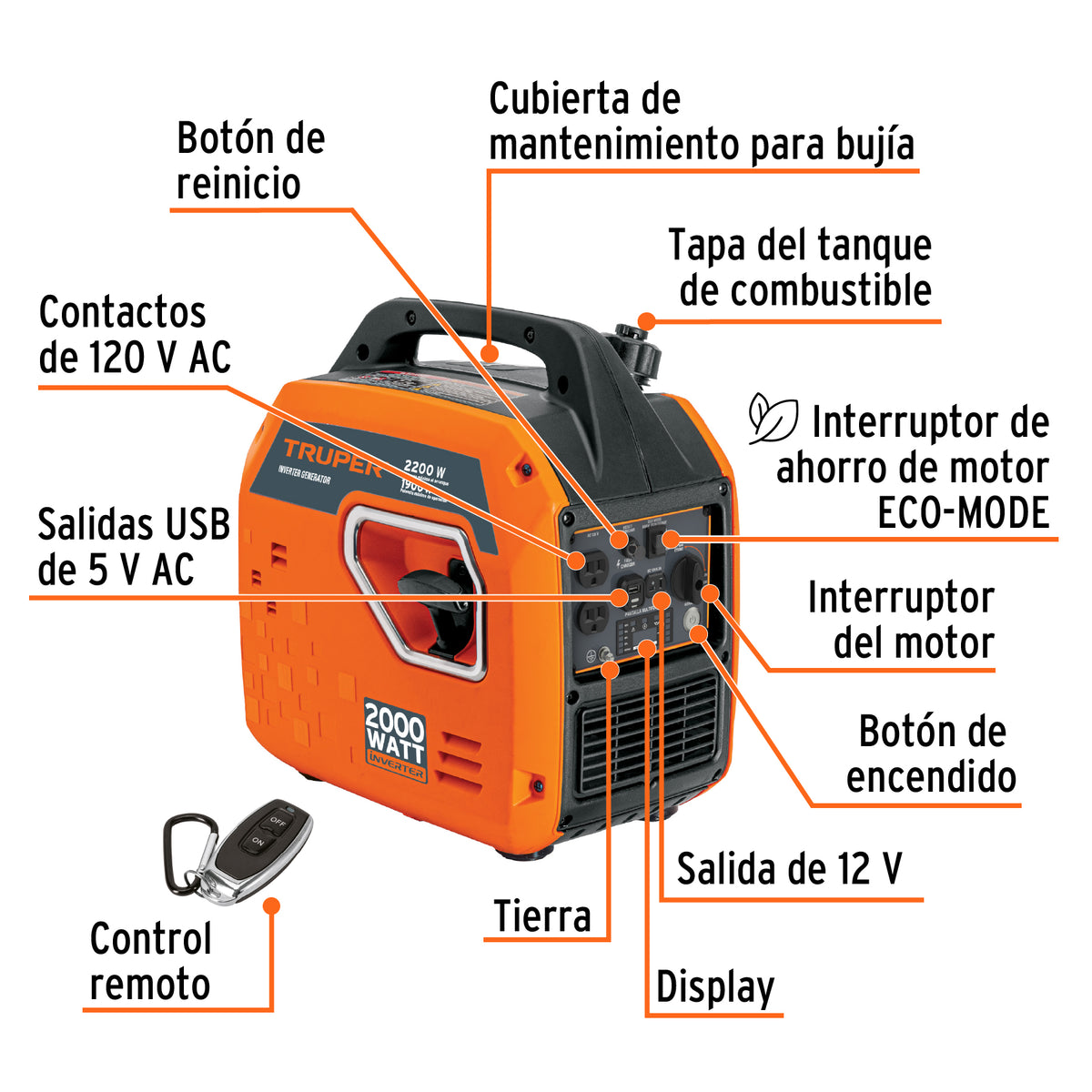 Generador silencioso inverter 2.2kW, 80 cc, enc. electrónico, Truper, SKU 103279 — vista 3