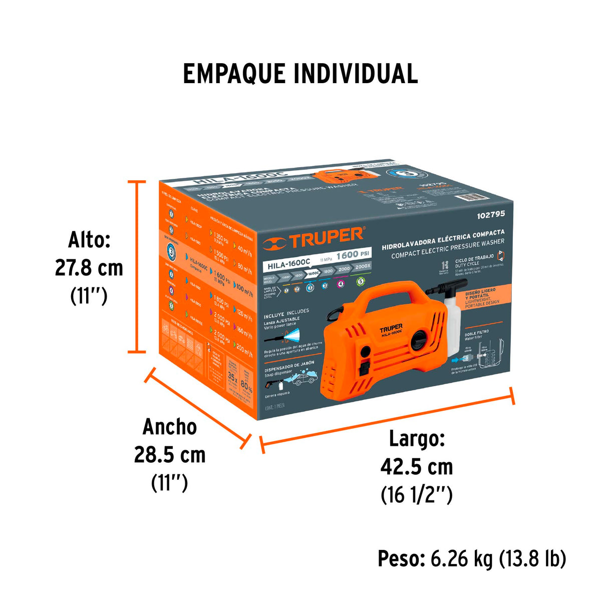 Hidrolavadora eléctrica compacta 1600 PSI, TRUPER, Truper, SKU 102795 — vista 5