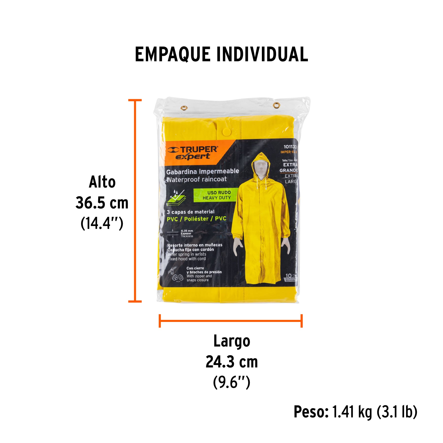 Gabardina impermeable triple capa, talla XG, TRUPER EXPERT, Expert, SKU 101133 — vista 5
