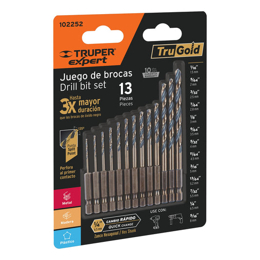Juego de 13 brocas HSS p/metal zanco cambio rápido, EXPERT, Expert, SKU 102252