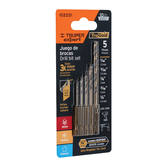 Juego de 5 brocas HSS para metal zanco cambio rápido, EXPERT, Expert, SKU 102251
