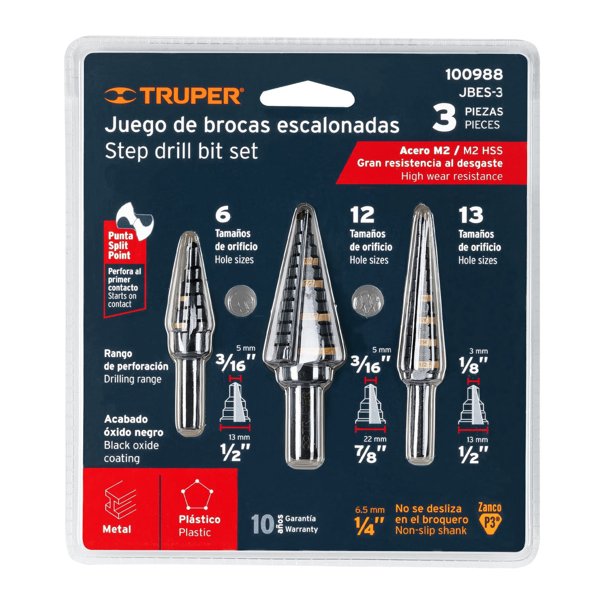 Juego de 3 brocas escalonadas de óxido negro, TRUPER — foto oficial 2