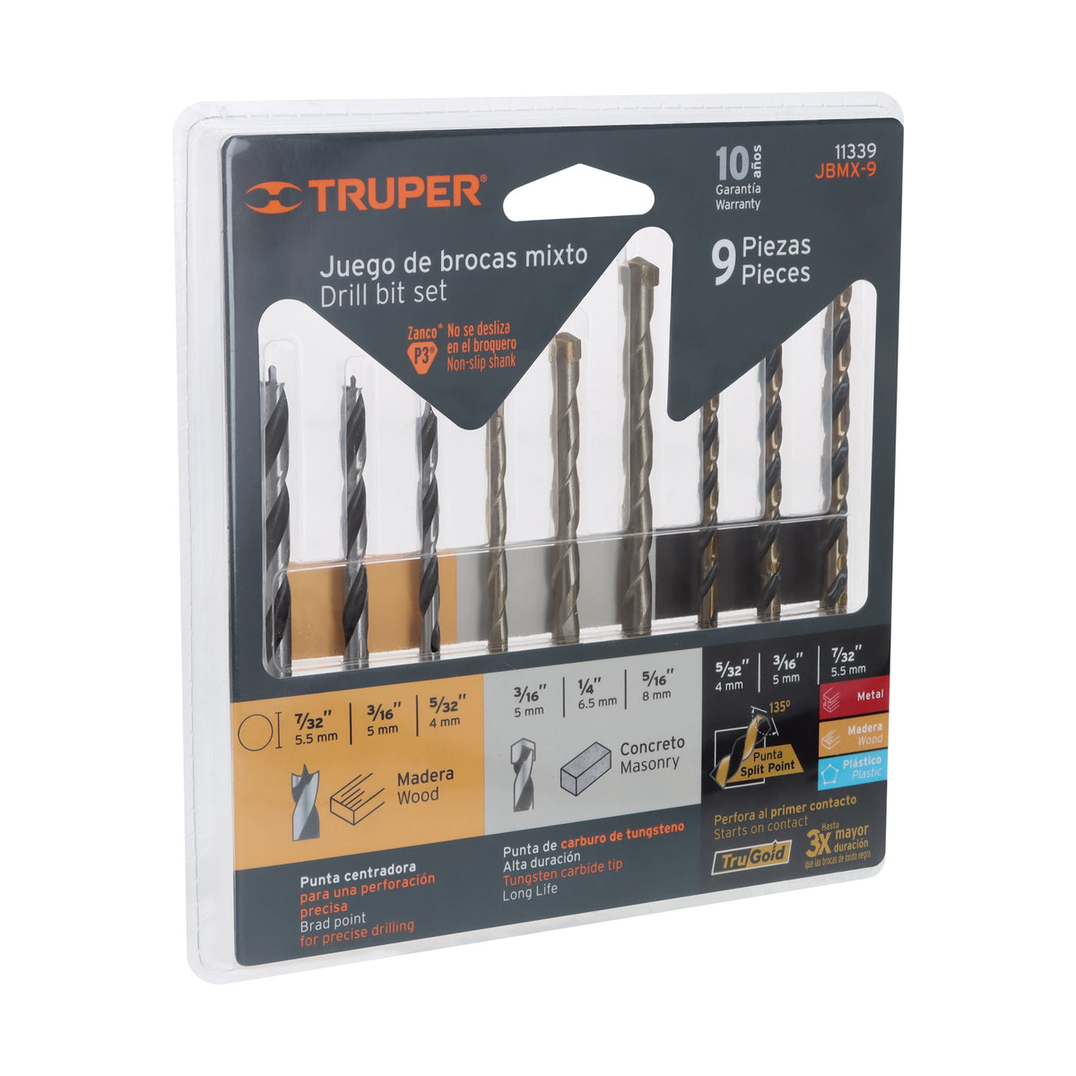 Juego de 9 brocas para metal, concreto y madera, TRUPER — foto oficial 1