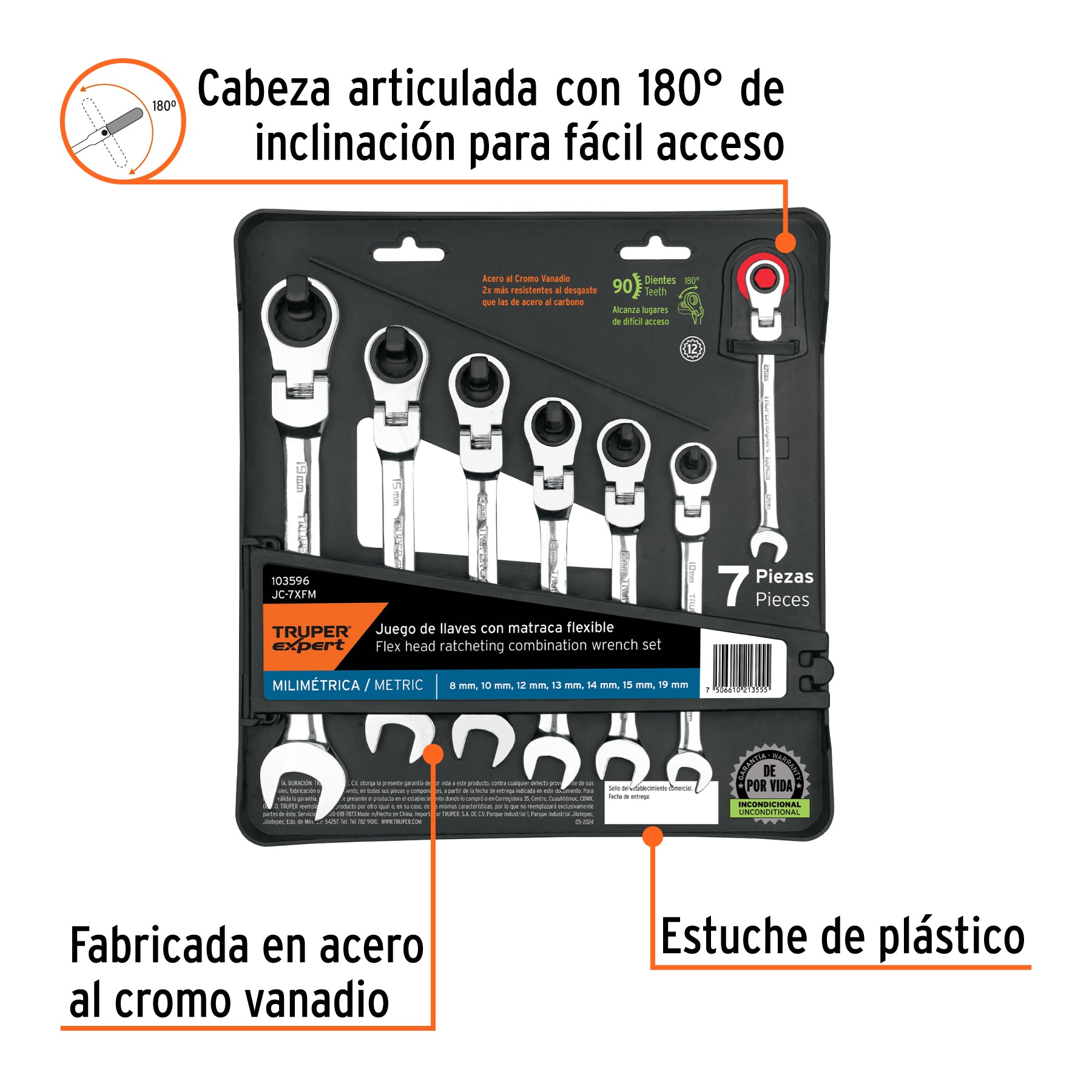 Juego de 7 llaves combinadas mm con matraca flexible, Expert, SKU 103596 — vista 3