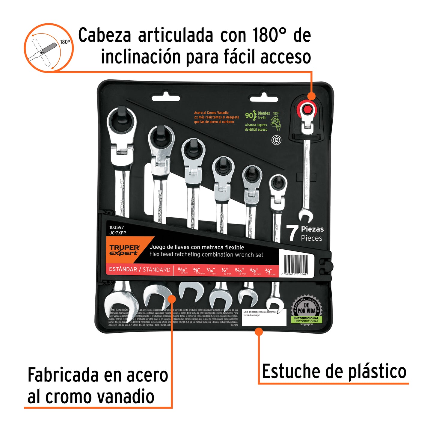 Juego de 7 llaves combinadas std con matraca flexible, Expert, SKU 103597 — vista 3
