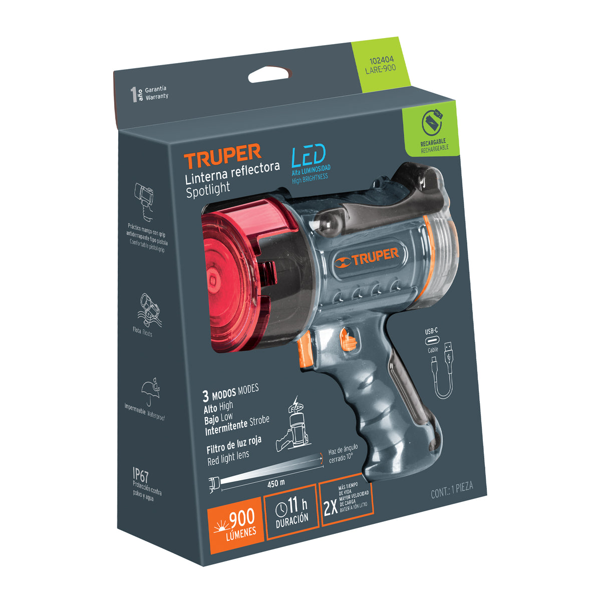 Linterna reflectora LED 900 lm, recargable, TRUPER — foto oficial 2