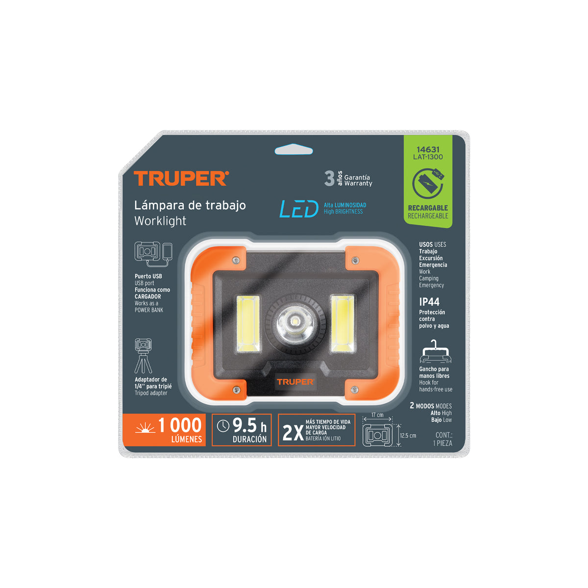 Lámpara LED 1000 lm de trabajo recargable TRUPER — foto oficial 2