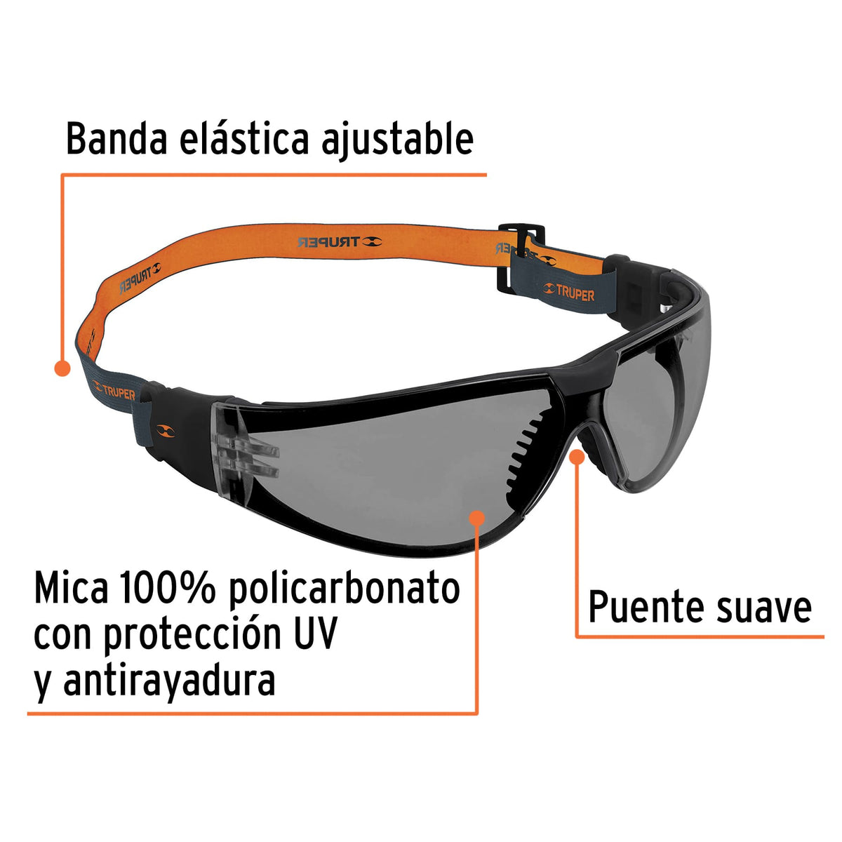 Lentes de seguridad, gris con banda elástica, Active, TRUPER, Truper, SKU 100293 — vista 3