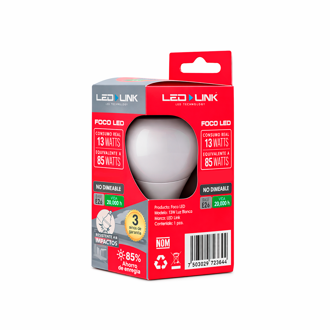 BULBO LED DE 13W LED LINK E26 3000K CALIDO 127V