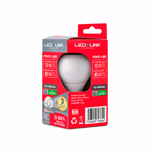 BULBO LED DE 13W LED LINK E26 3000K CALIDO 127V