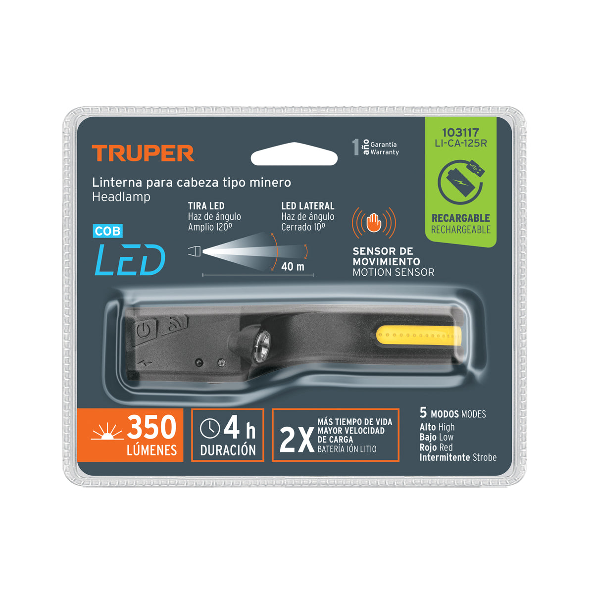 Linterna de minero LED 350 lm con sensor, recargable, TRUPER, Truper, SKU 103117 — vista 2