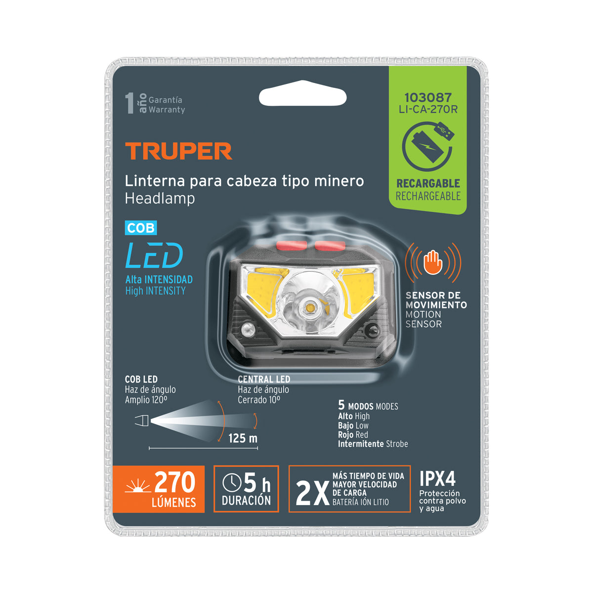 Linterna de minero LED 270 lm con sensor recargable, TRUPER, Truper, SKU 103087 — vista 2