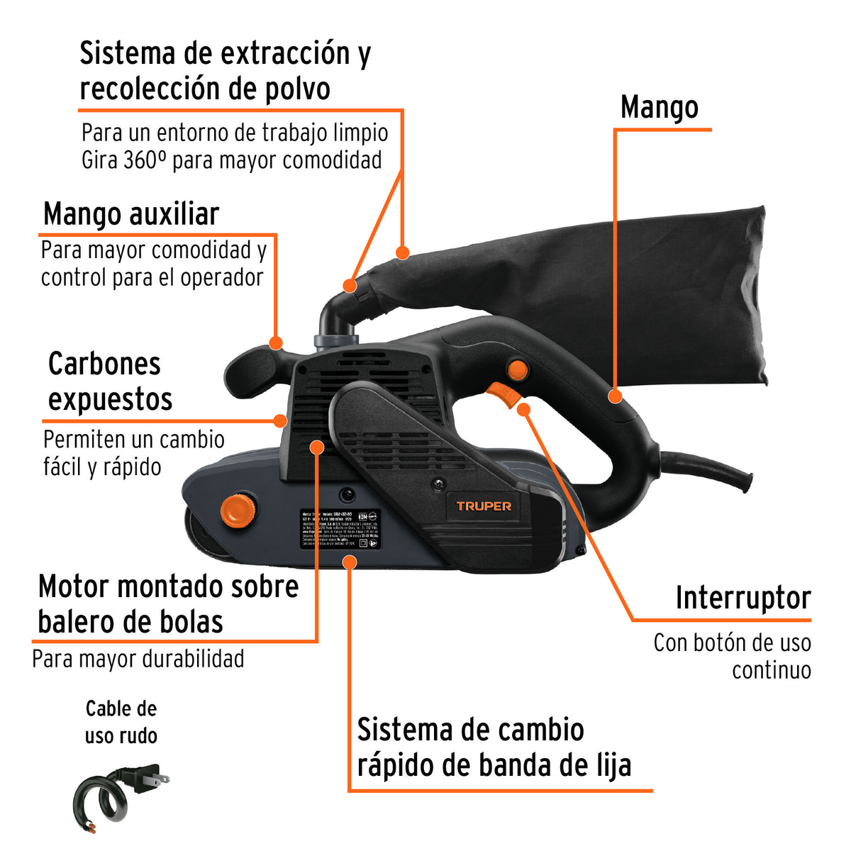Lijadora de banda 4 x 24', 1200W, TRUPER INDUSTRIAL, Truper, SKU 100370 — vista 3