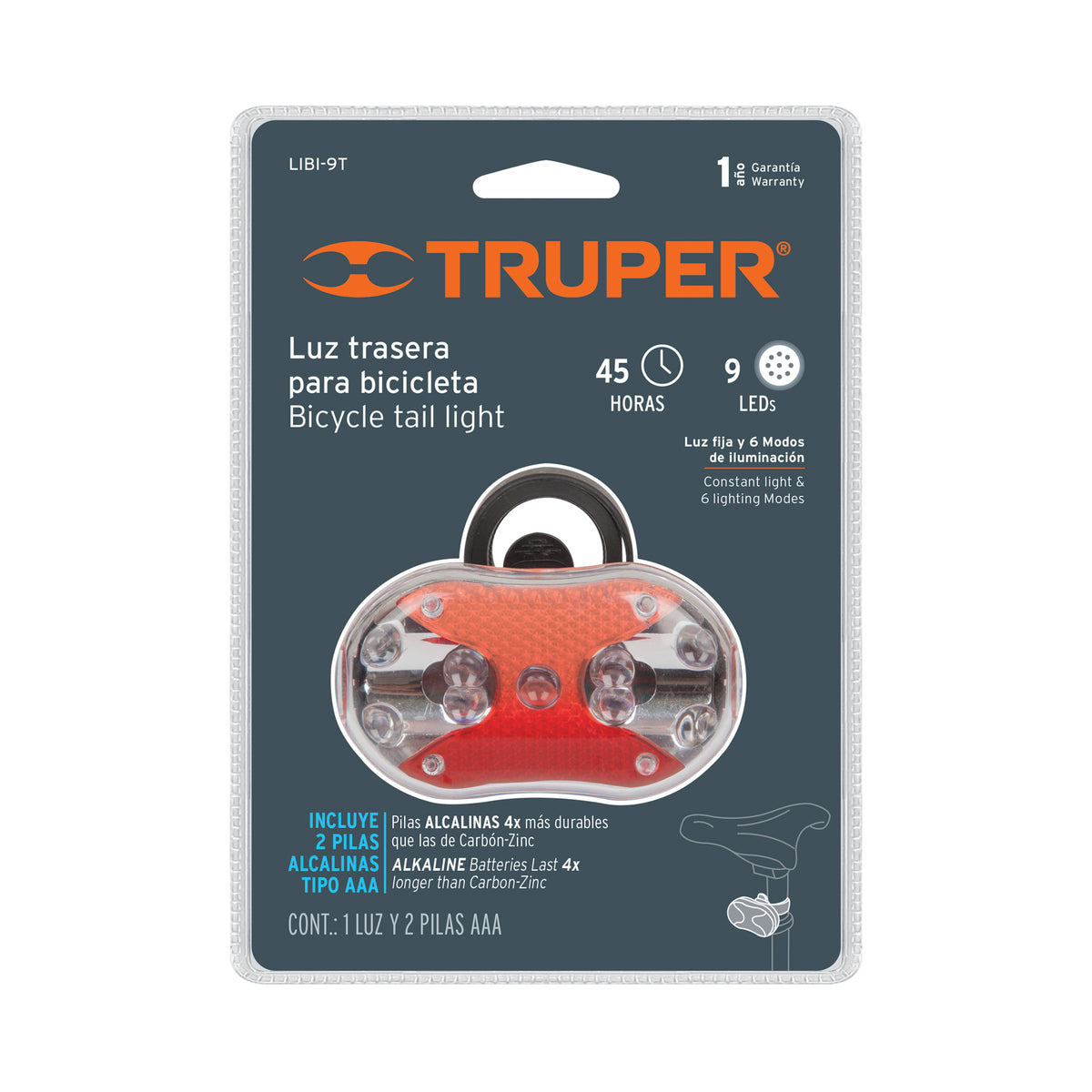 Linterna trasera para bicicleta 9 LEDs con 2 pilas AAA — foto oficial 2
