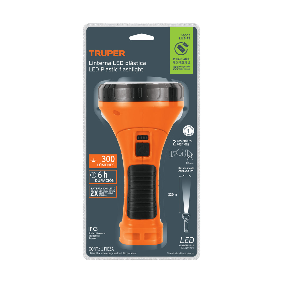 Linterna plástica de LED 300 lm recargable TRUPER — foto oficial 2