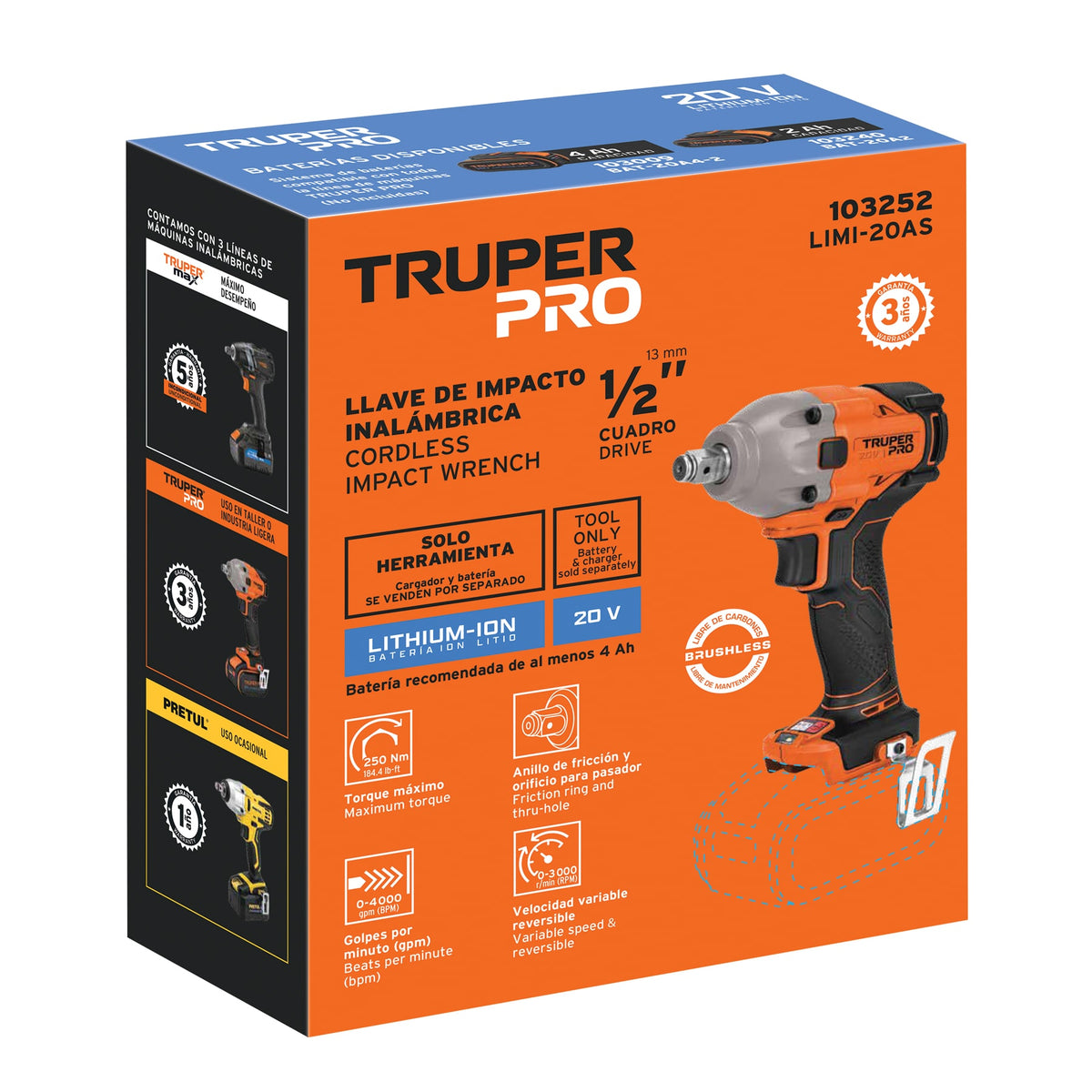 Llave de impacto 1/2', 20V, 184 lb/ft, sin accesorios, PRO, Truper, SKU 103252 — vista 2