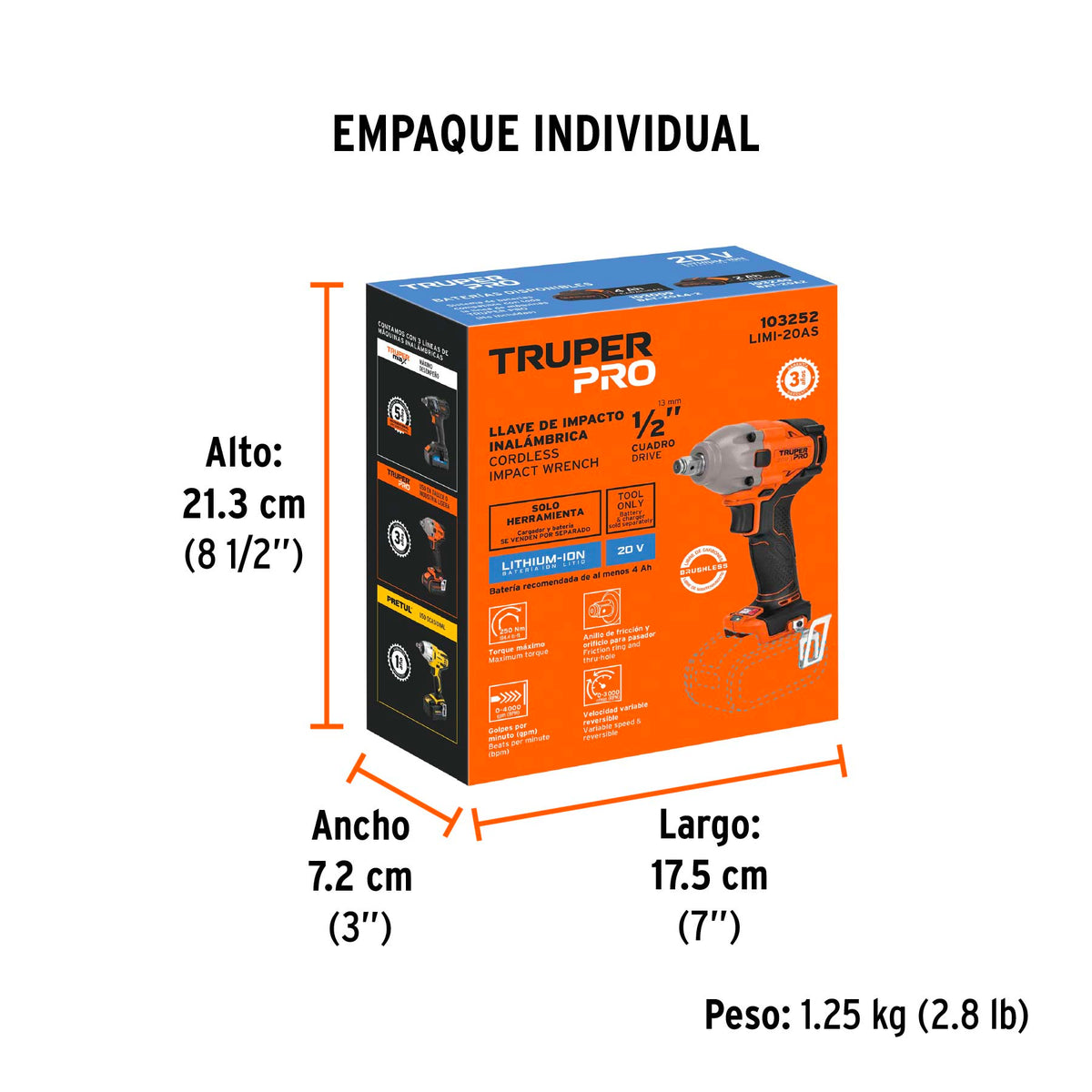 Llave de impacto 1/2', 20V, 184 lb/ft, sin accesorios, PRO, Truper, SKU 103252 — vista 5