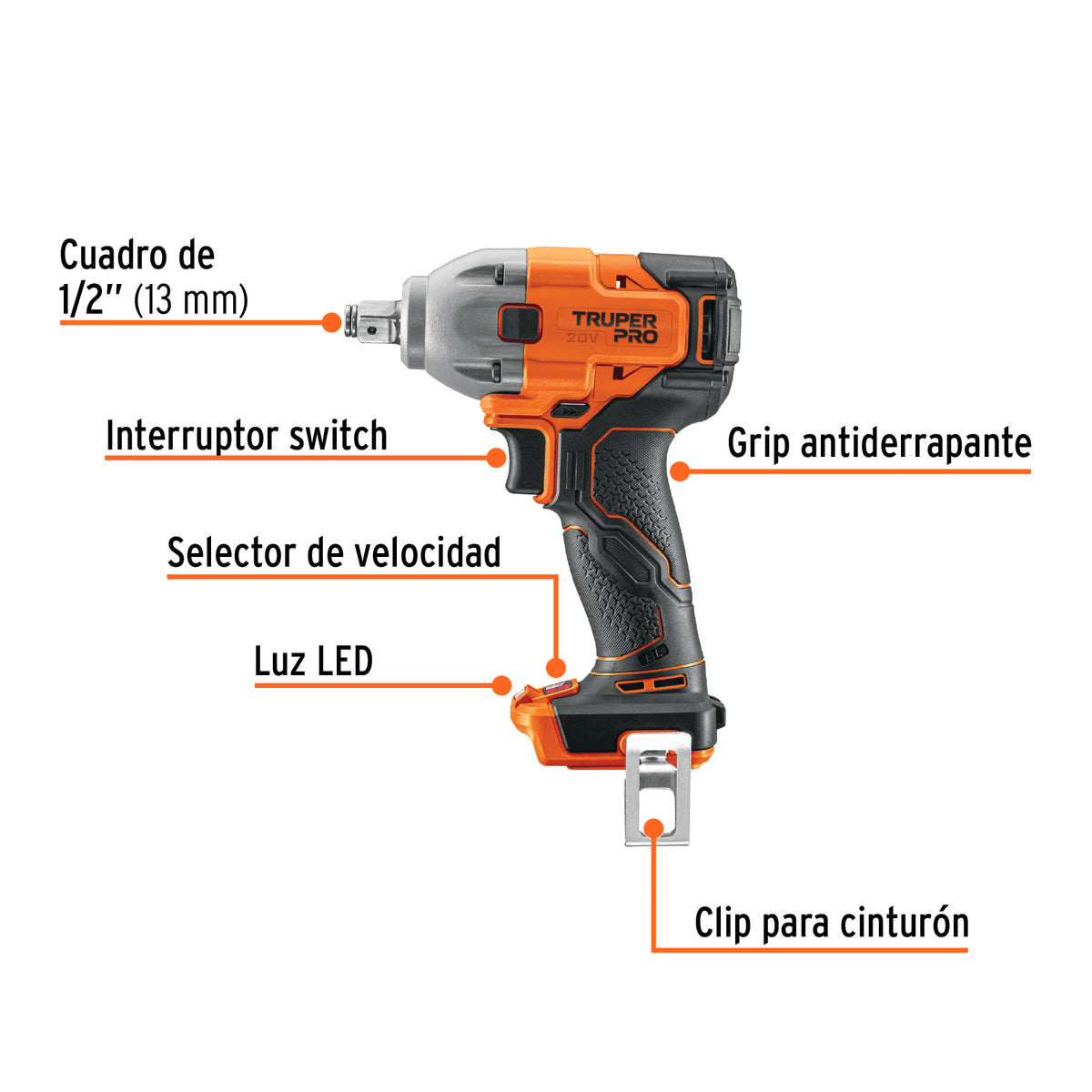 Llave de impacto 1/2', 20V, 184 lb/ft, sin accesorios, PRO, Truper, SKU 103252 — vista 3