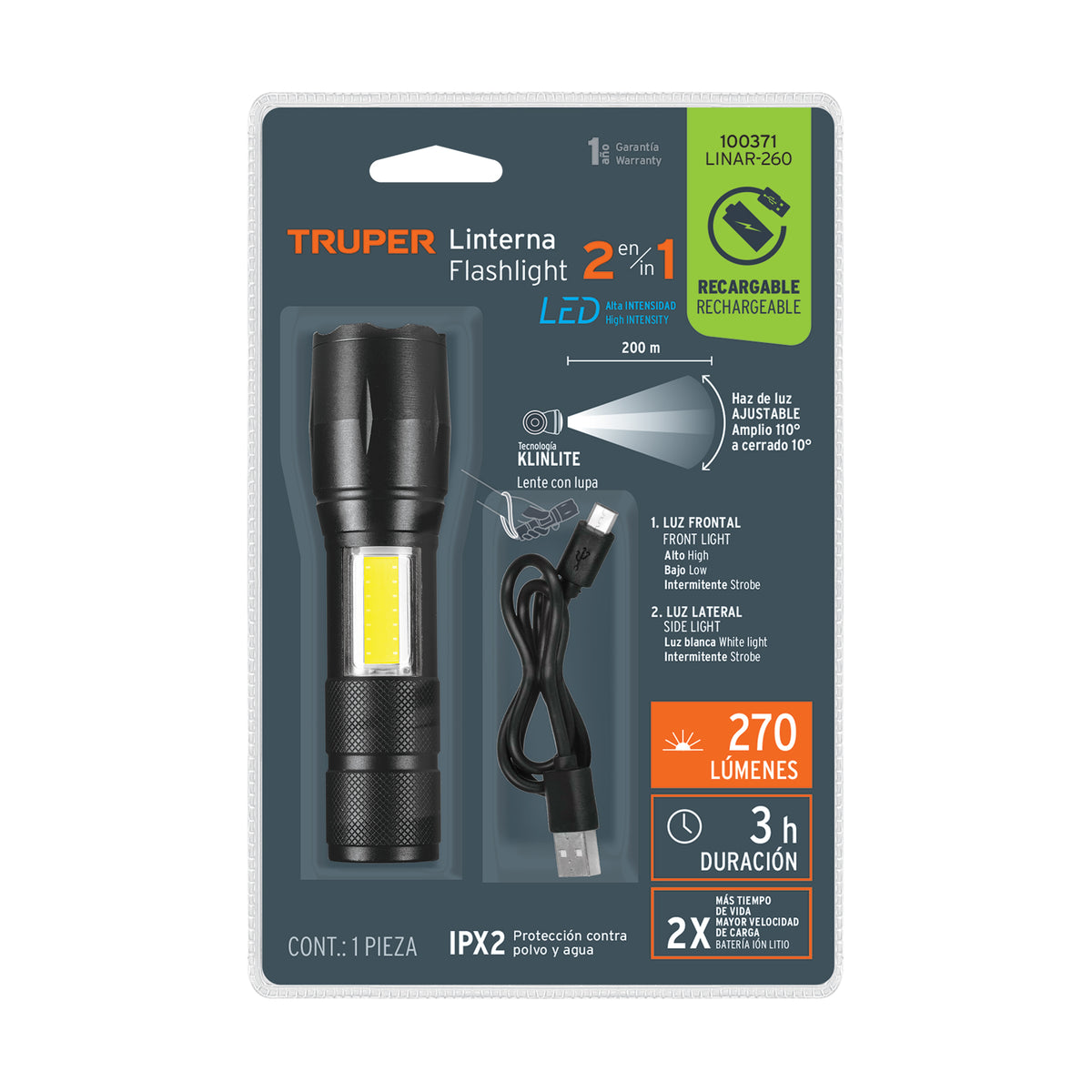 Linterna de 1 LED 270 lm con luz de emergencia, recargable — foto oficial 2