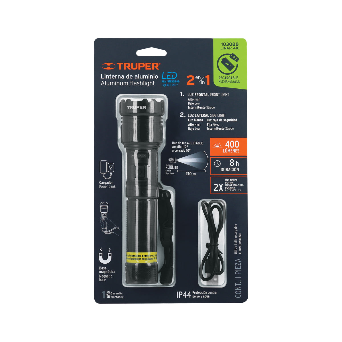 Linterna LED recargable c/luz de emergencia, 410 lm, TRUPER — foto oficial 2