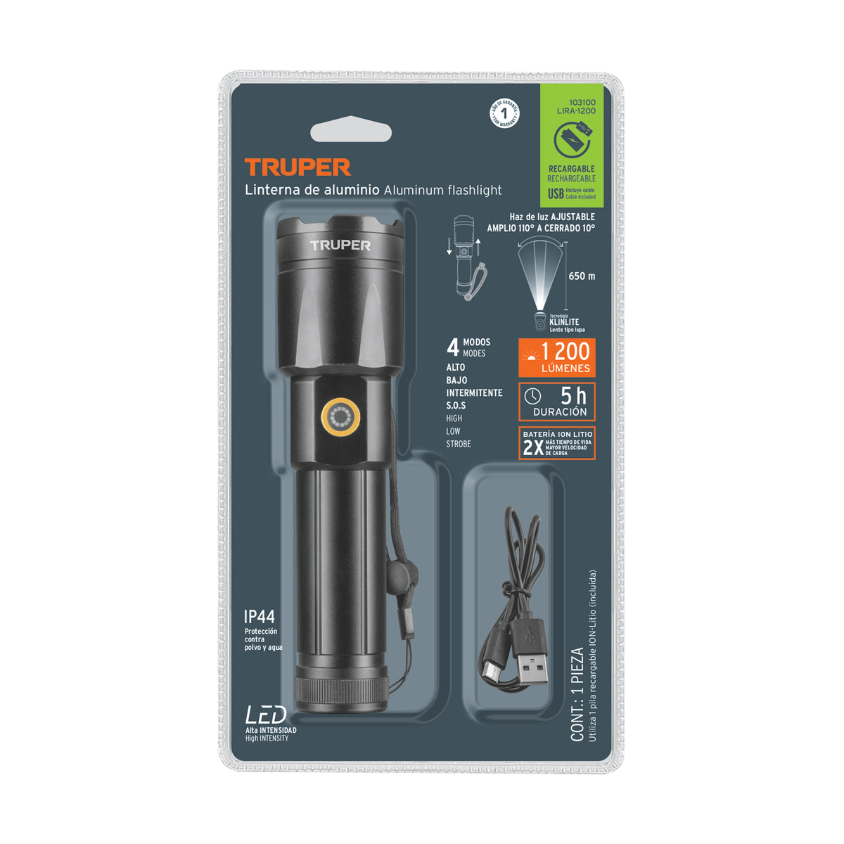 Linterna LED recargable, de aluminio, 1,200 lm, TRUPER, Truper, SKU 103100 — vista 2