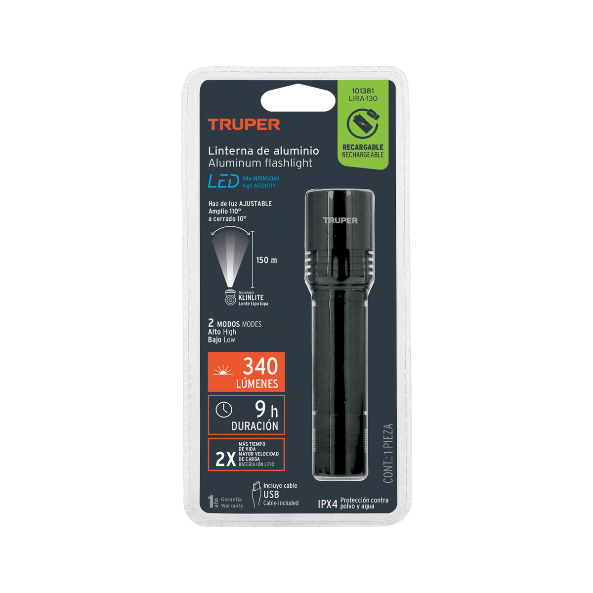 Linterna LED recargable, de aluminio, 340 lm, TRUPER, Truper, SKU 101381 — vista 2