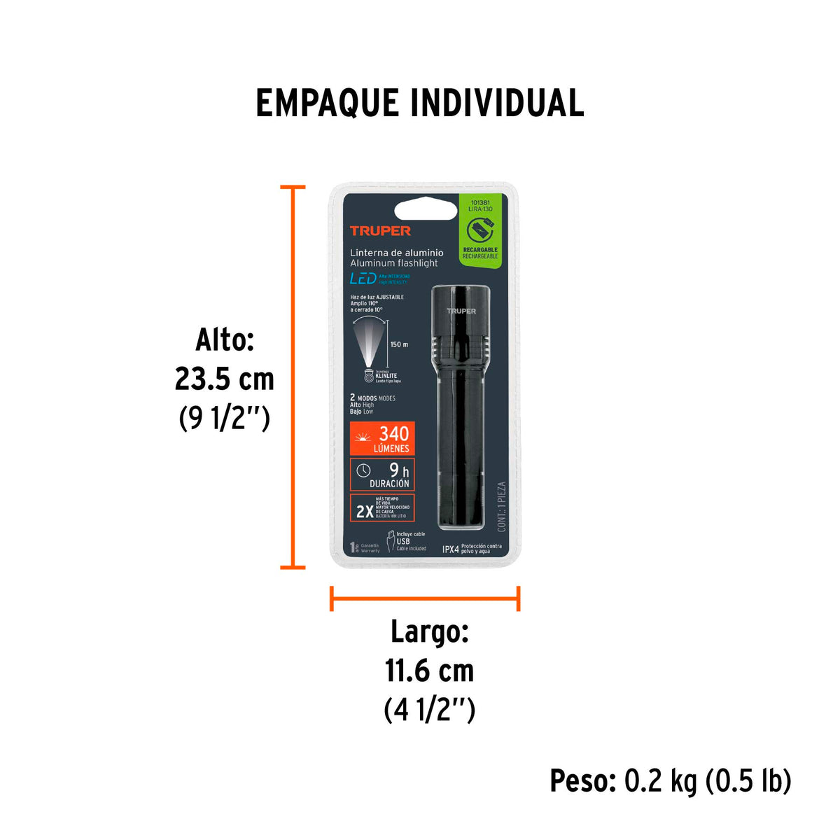 Linterna LED recargable, de aluminio, 340 lm, TRUPER, Truper, SKU 101381 — vista 5
