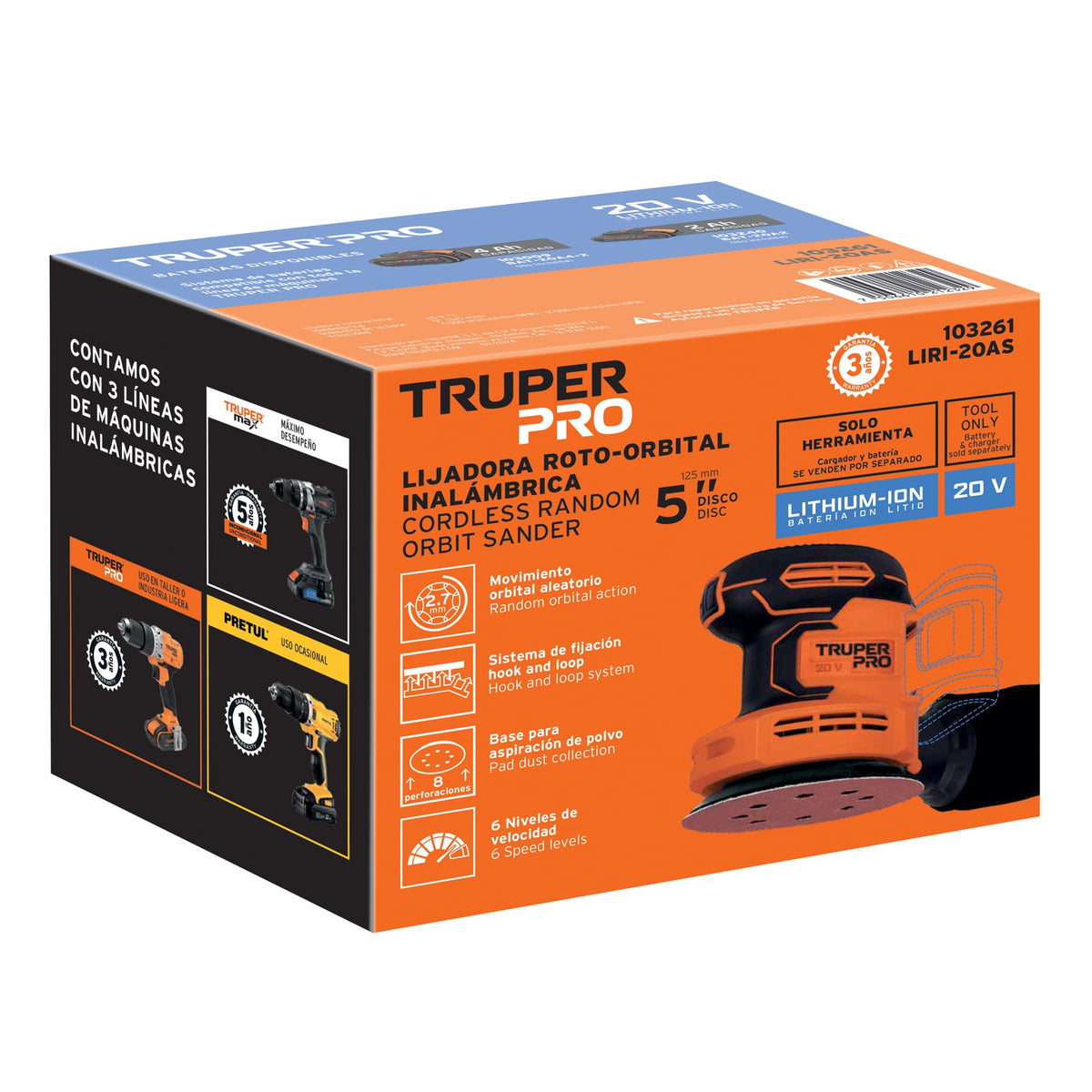 Lijadora roto-orbital 5', 20V, sin accesorios, TRUPER PRO, Truper, SKU 103261 — vista 2