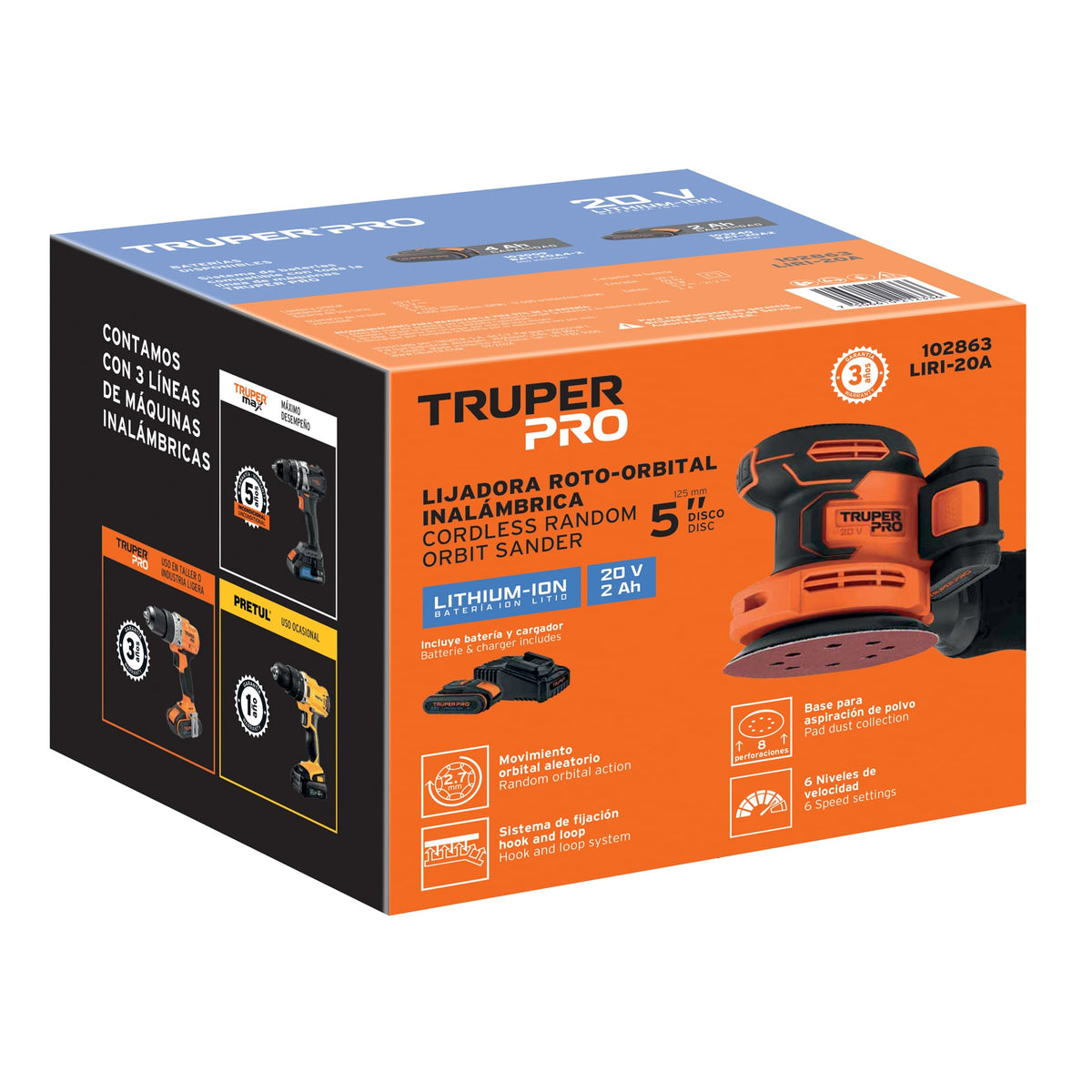 Lijadora roto-orbital 5', 20V, 1 batería 2Ah, TRUPER PRO, Truper, SKU 102863 — vista 2