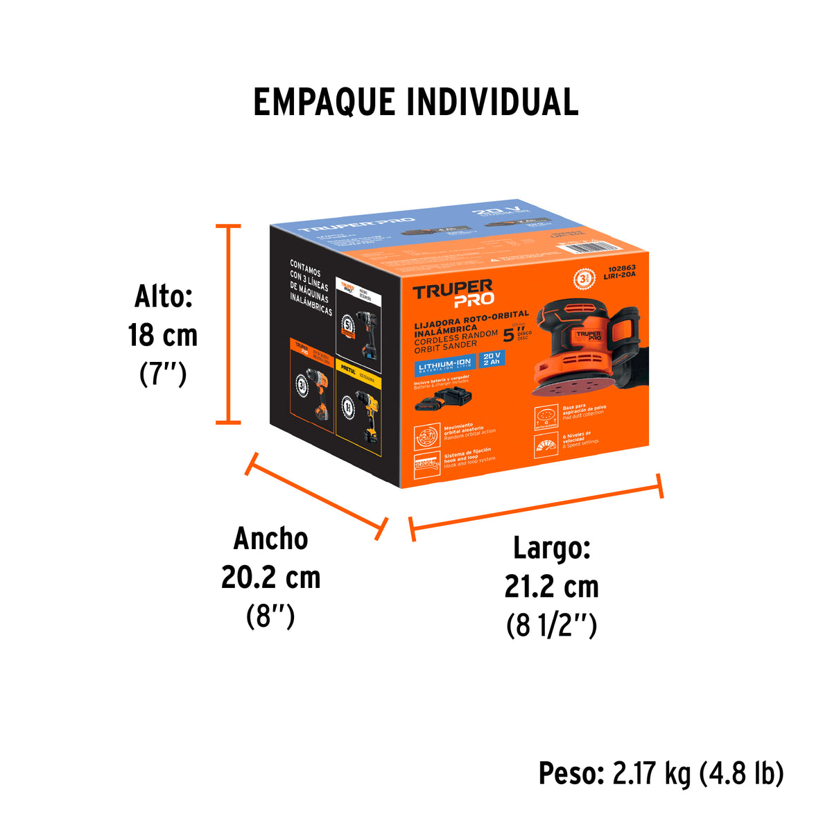 Lijadora roto-orbital 5', 20V, 1 batería 2Ah, TRUPER PRO, Truper, SKU 102863 — vista 5