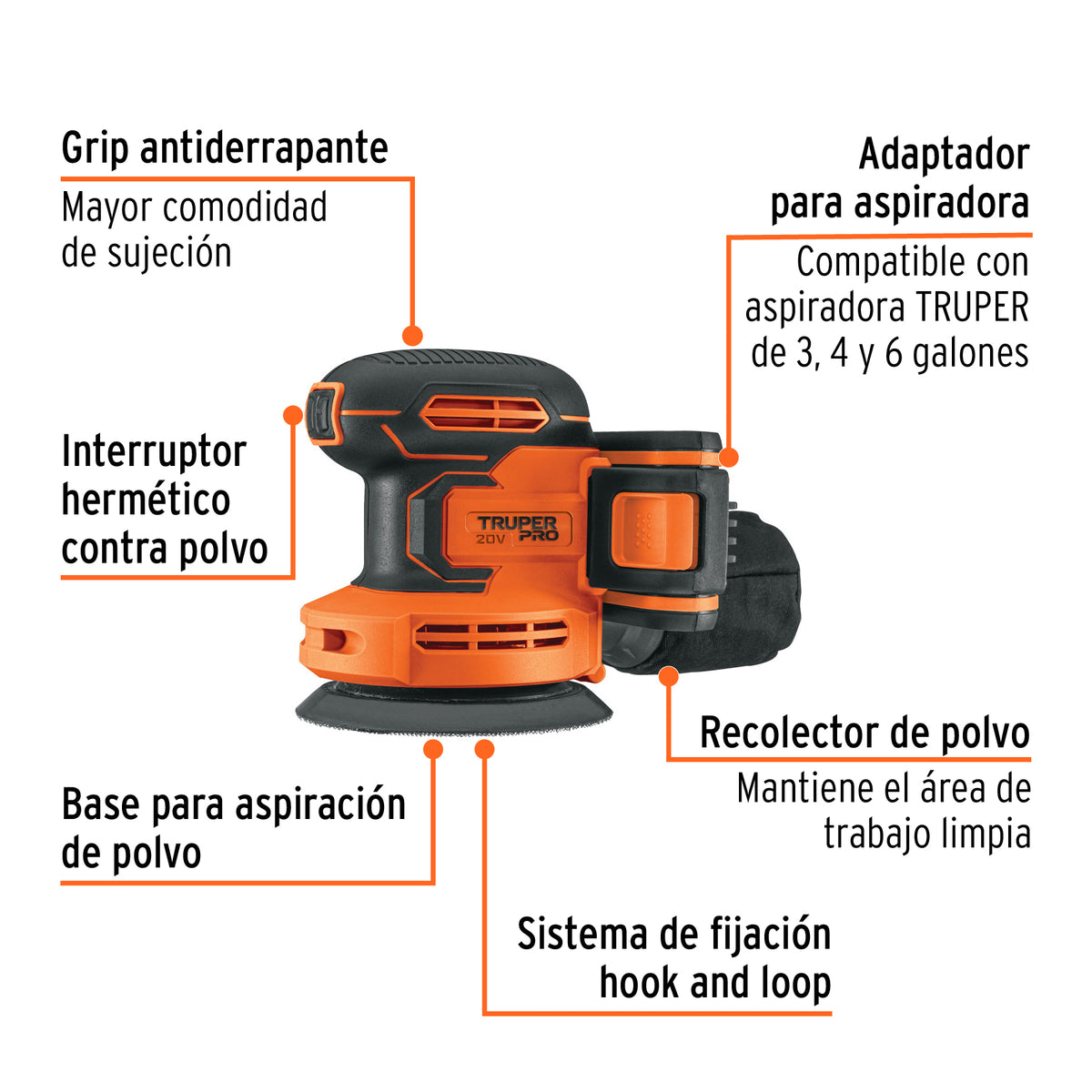 Lijadora roto-orbital 5', 20V, 1 batería 2Ah, TRUPER PRO, Truper, SKU 102863 — vista 3