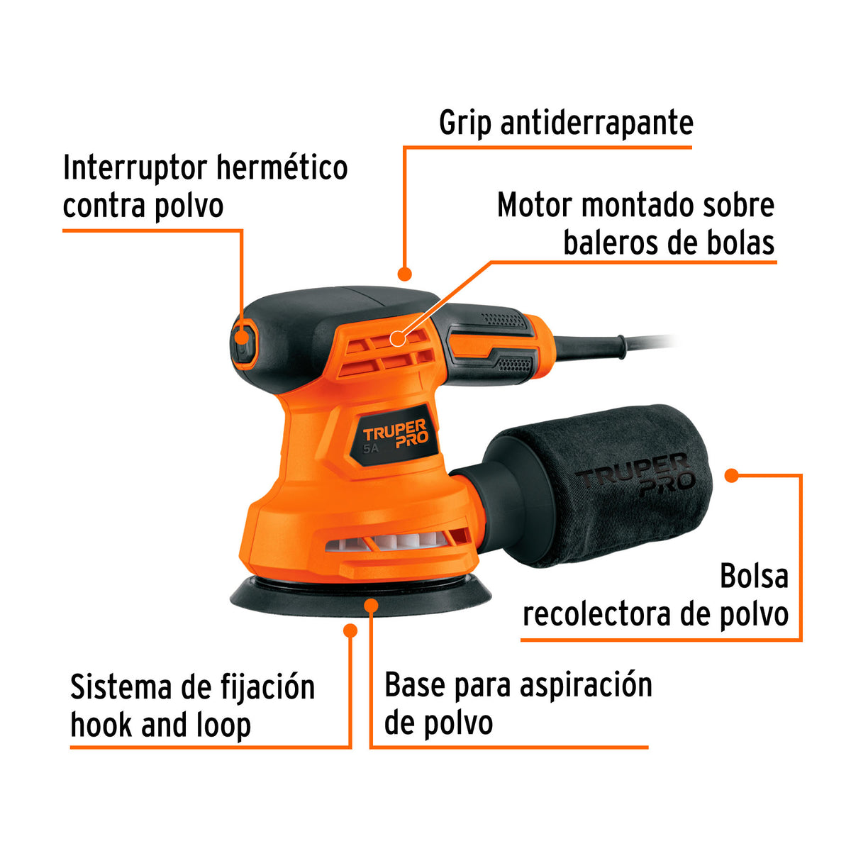 Lijadora roto orbital 5', 260W, TRUPER PRO, Truper, SKU 103656 — vista 3