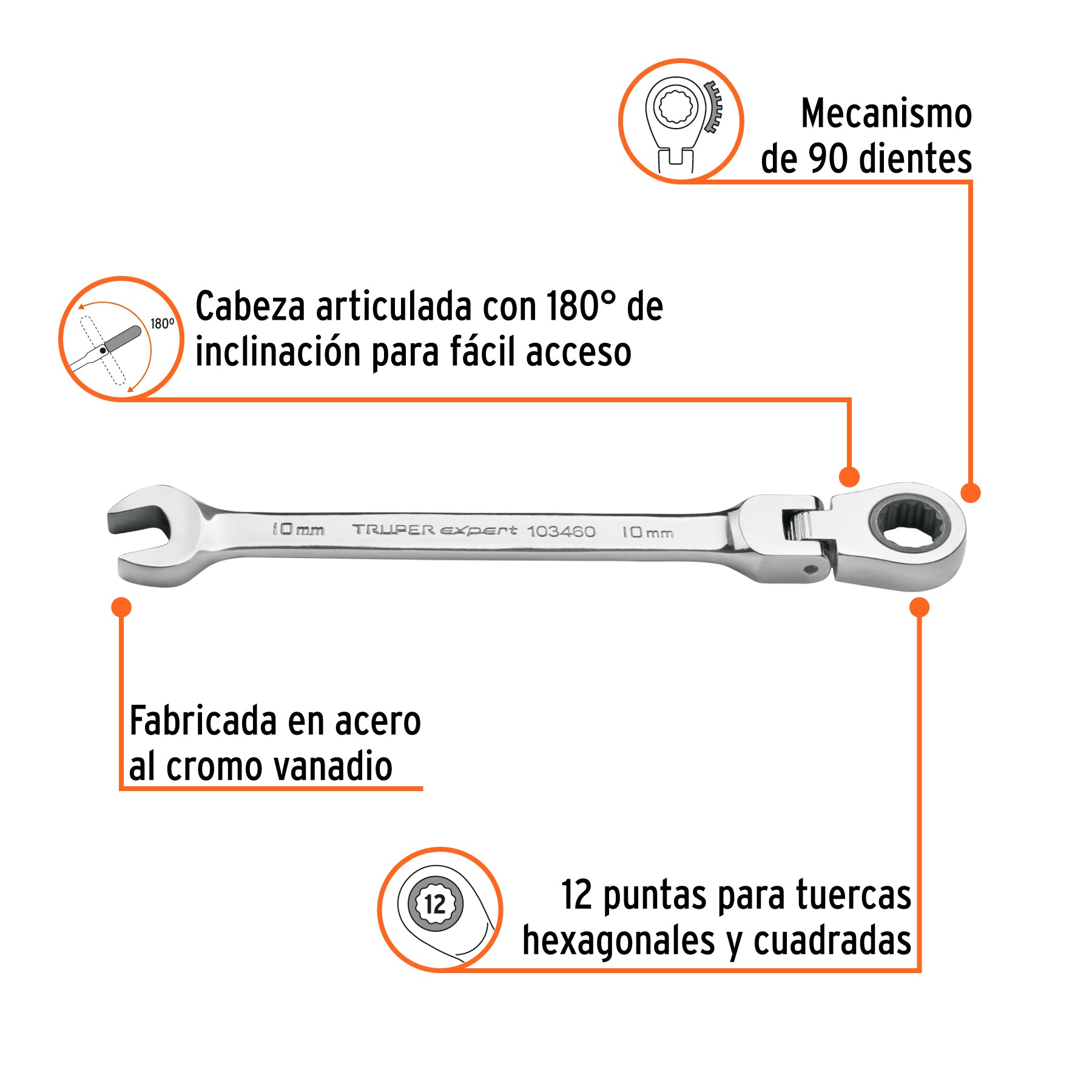 Llave combinada con matraca 10 mm flexible, EXPERT, Expert, SKU 103460 — vista 3