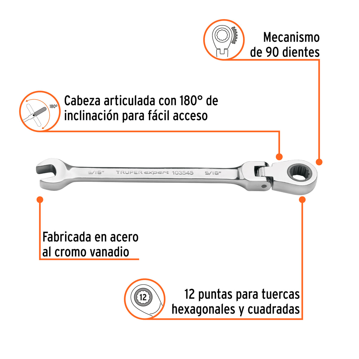Llave combinada con matraca 5/16' flexible, EXPERT, Expert, SKU 103545 — vista 3