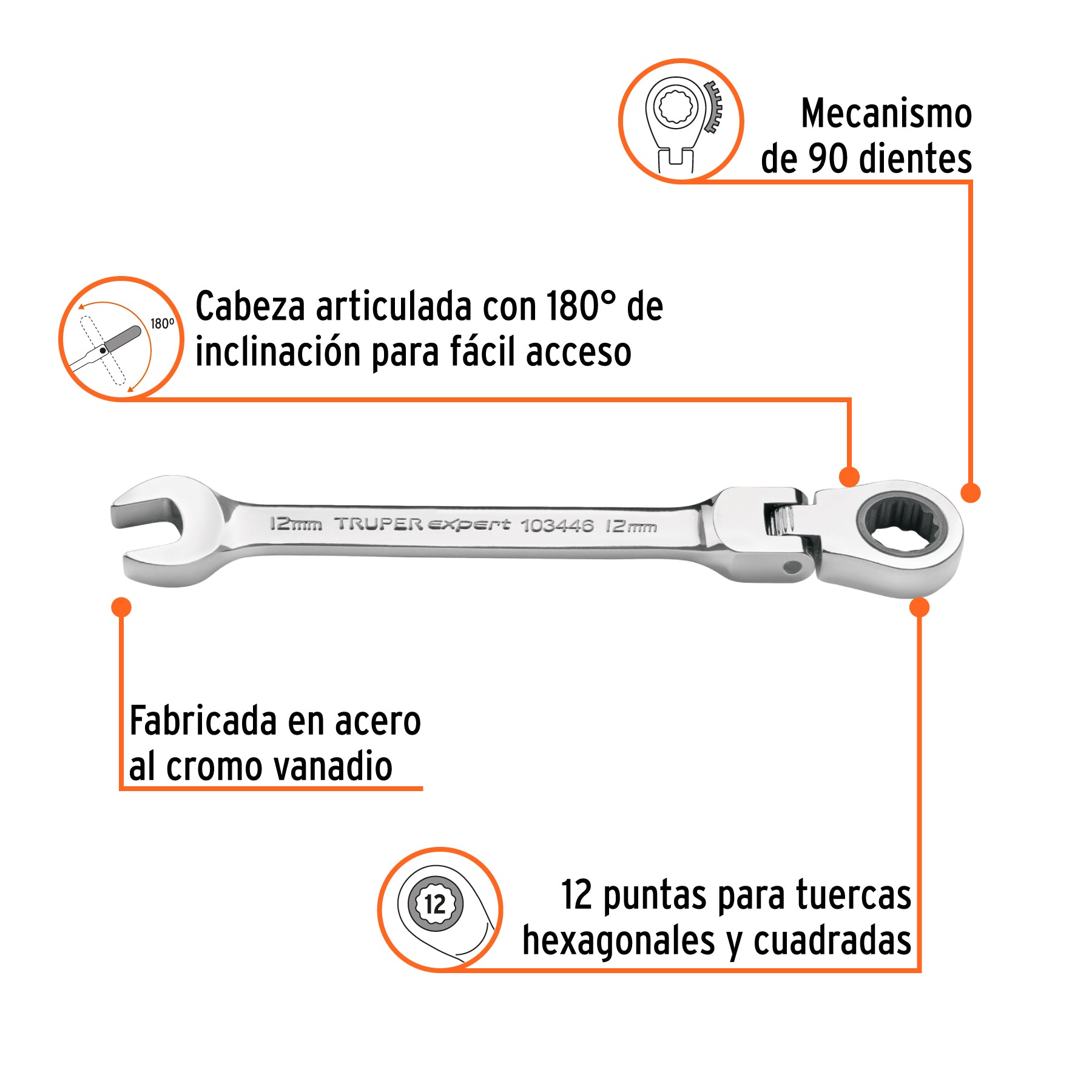 Llave combinada con matraca 12 mm flexible, EXPERT, Expert, SKU 103446 — vista 3
