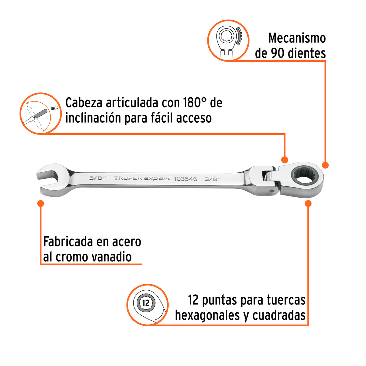 Llave combinada con matraca 3/8' flexible, EXPERT, Expert, SKU 103546 — vista 3