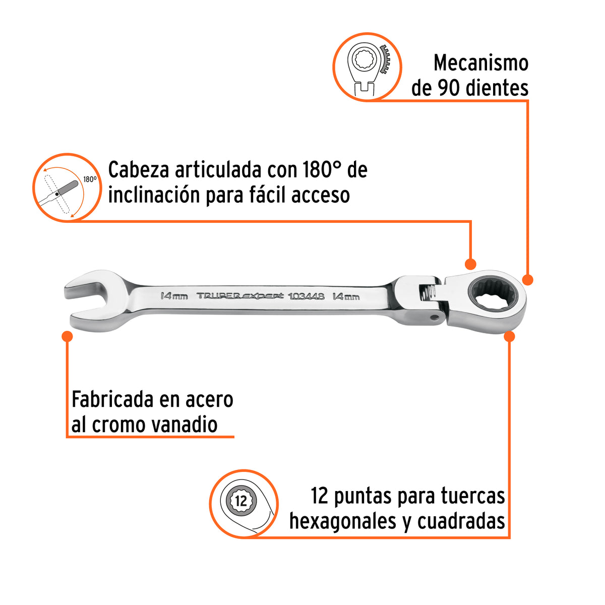 Llave combinada con matraca 14 mm flexible, EXPERT, Expert, SKU 103448 — vista 3