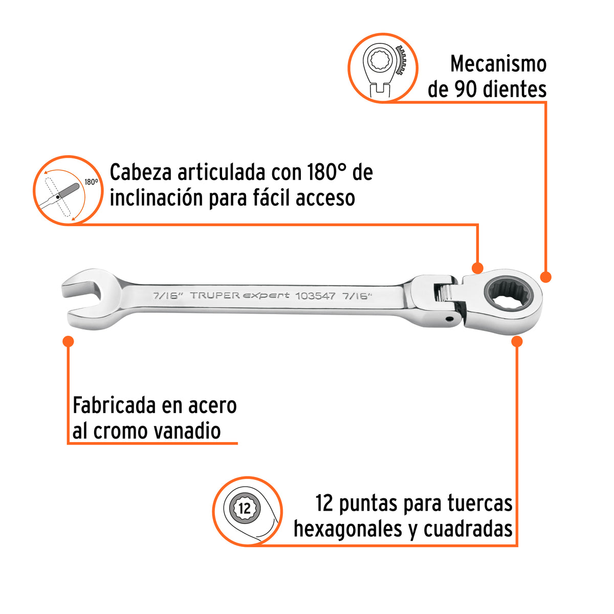 Llave combinada con matraca 7/16' flexible, EXPERT, Expert, SKU 103547 — vista 3