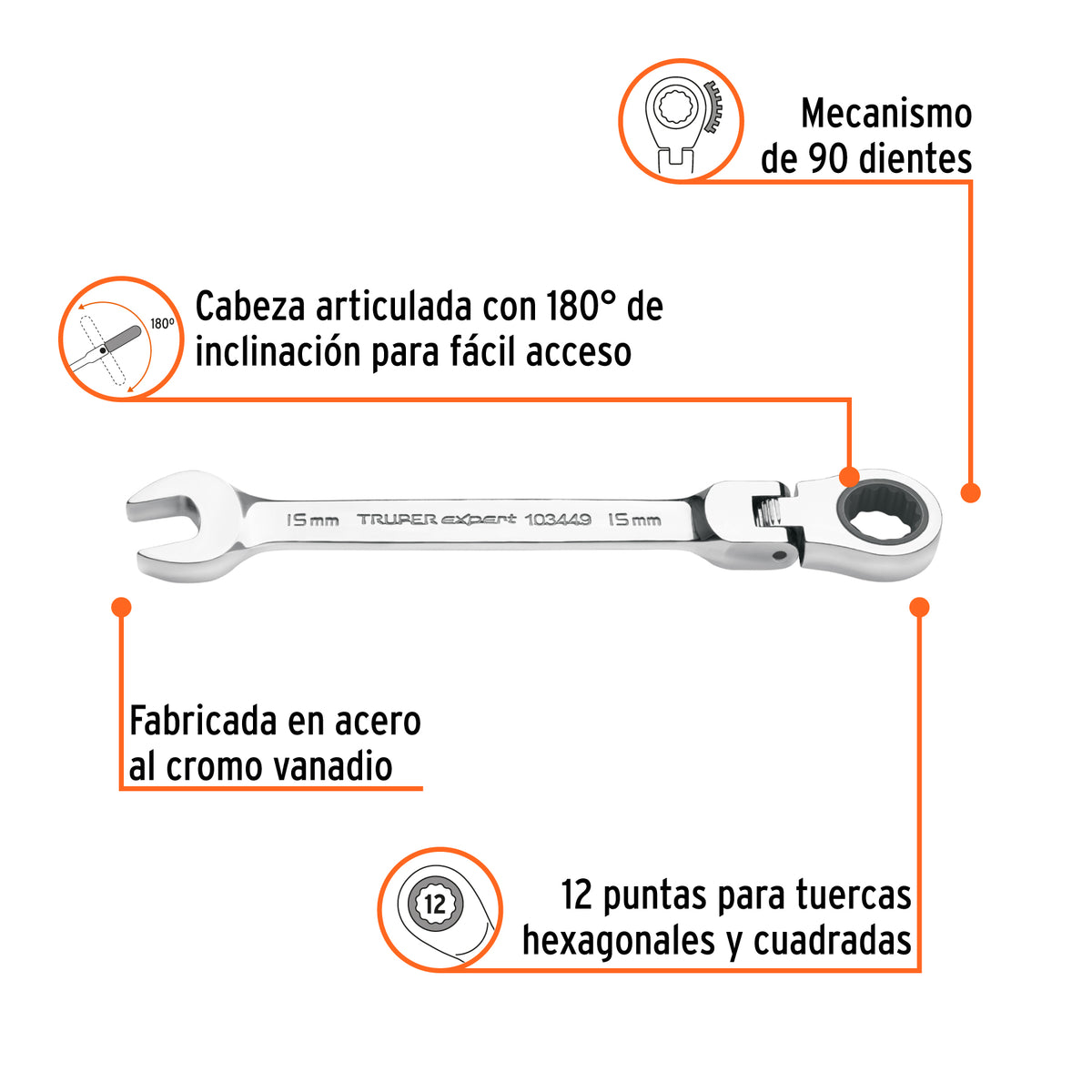 Llave combinada con matraca 15 mm flexible, EXPERT, Expert, SKU 103449 — vista 3