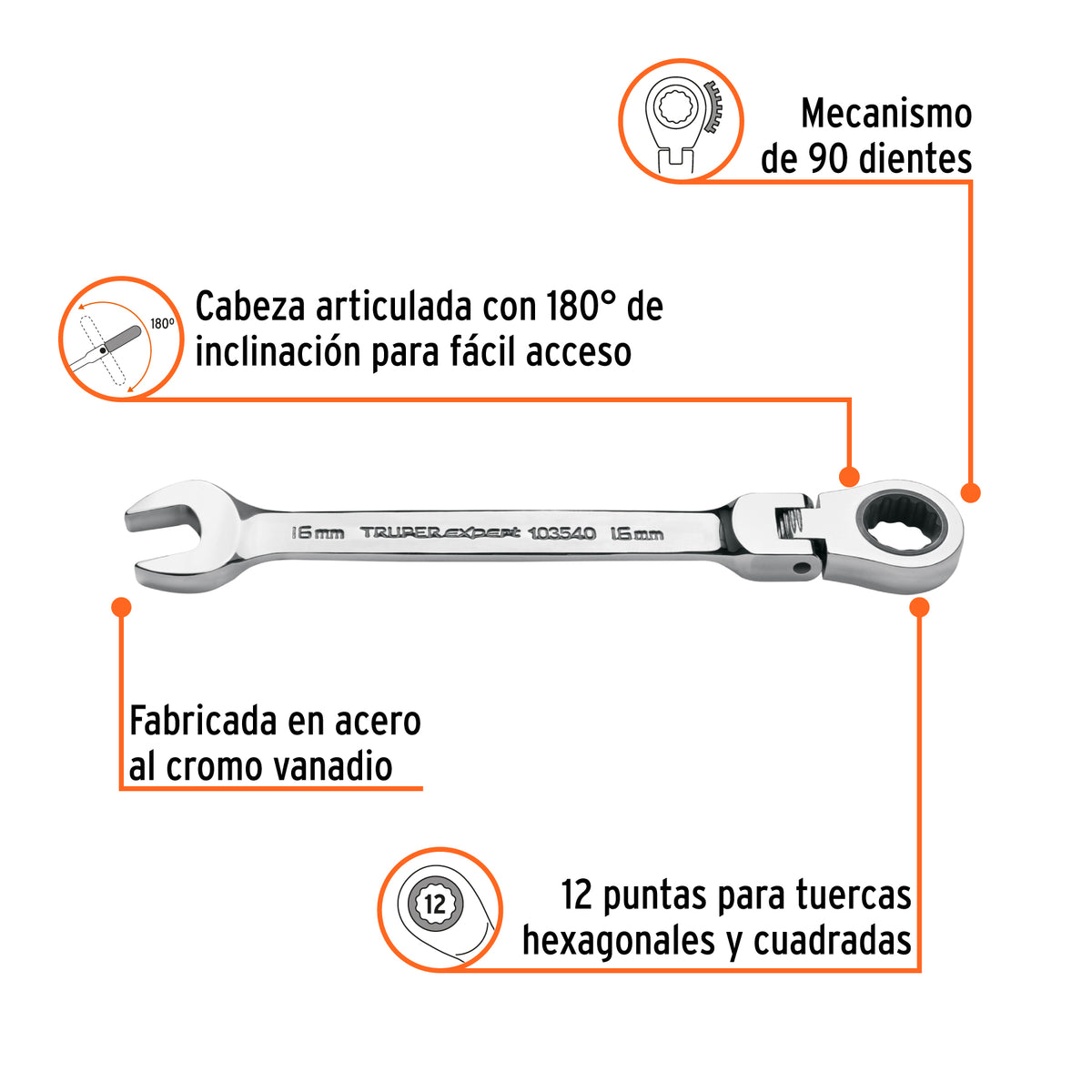 Llave combinada con matraca 16 mm flexible, EXPERT, Expert, SKU 103540 — vista 3