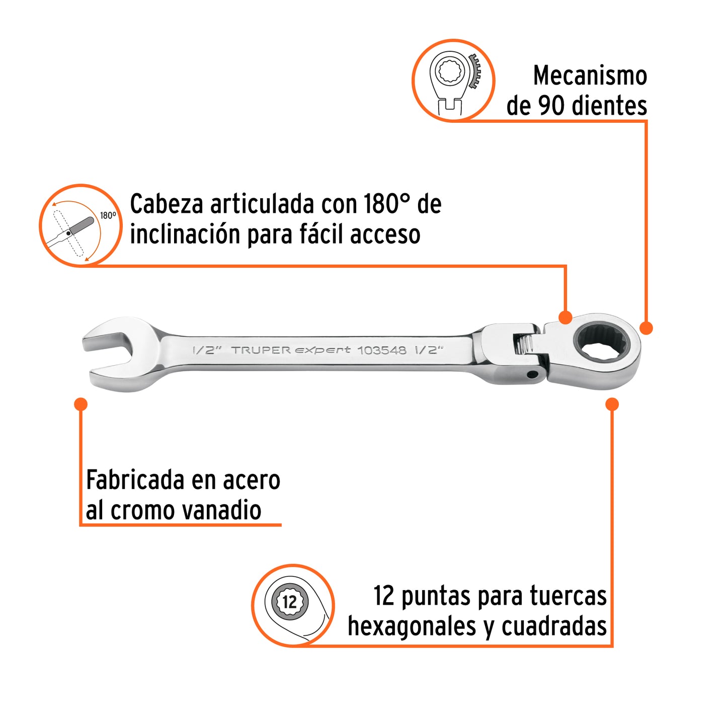 Llave combinada con matraca 1/2' flexible, EXPERT, Expert, SKU 103548 — vista 3