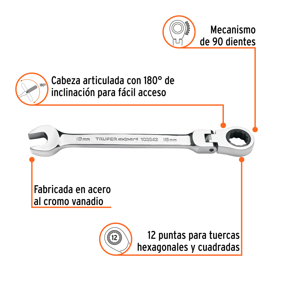 Llave combinada con matraca 18 mm flexible, EXPERT, Expert, SKU 103542 — vista 3